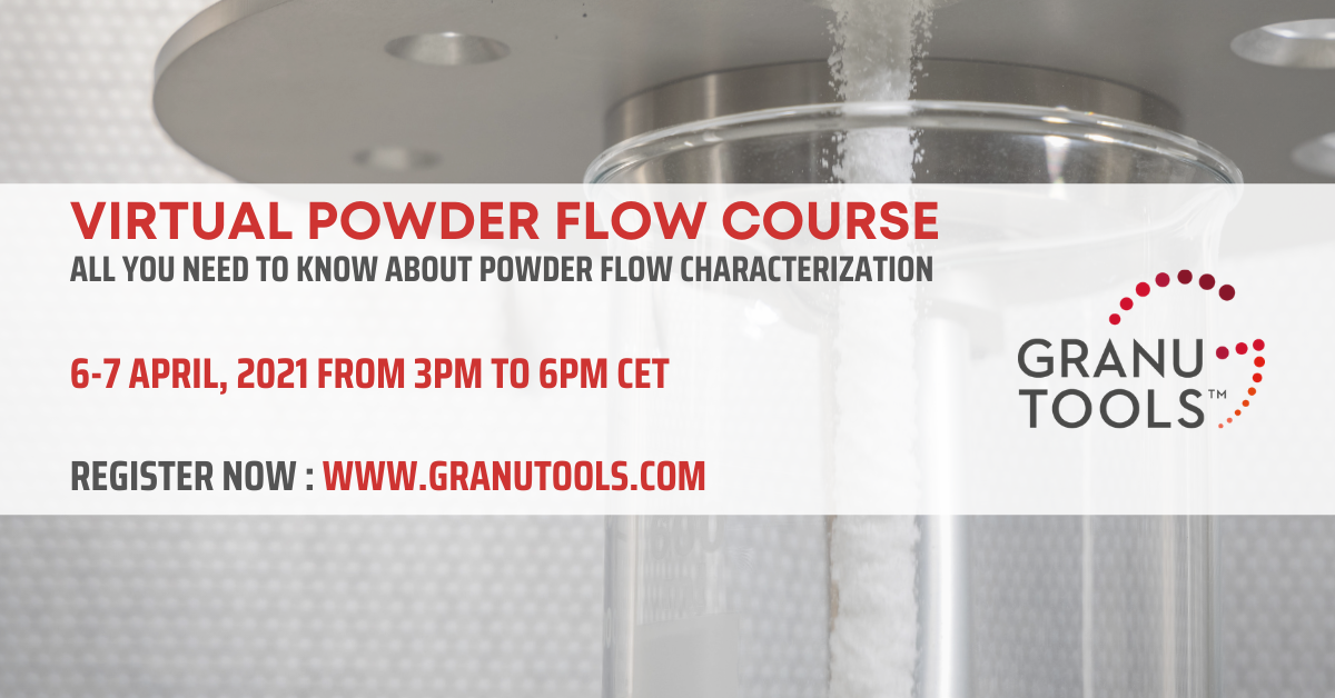 banner of the new virtual powder flow course of Granutools on April 2021